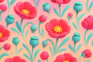 Wall Mural - Seamless pattern of stylized red flowers and green buds with soft lighting on pastel gradient background, symbolizing spring and nature concept. Ai generative