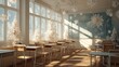 © zhang - Empty classroom decorated for Christmas with student desks featuring small trees and paper snowflakes on windows in soft morning light atmosphere