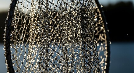 Dew-Kissed Fishing Net Close-Up: Illustrating the Serenity of Early Morning Fishing and the Essence of Nature's Beauty for Outdoor Enthusiasts