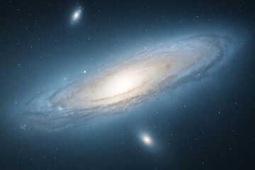 Wall Mural - Spiral galaxy glowing in deep space with surrounding stars and cosmic dust on dark background, representing science and abstract universe concept.