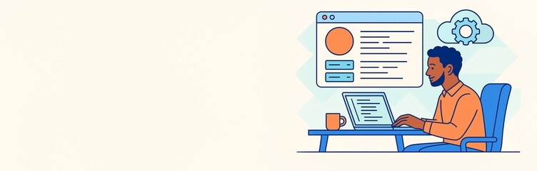 Man working on laptop with UI elements and gear icon on light background, ideal for tech or business concept with ample copyspace template design. Ai generative