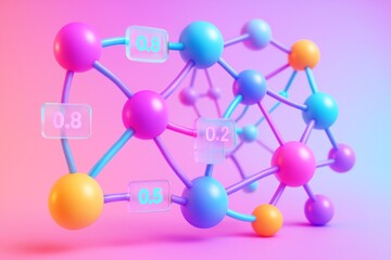Wall Mural - Colorful abstract neural network structure with data nodes and connections on a light gradient background in a creative technology concept scene. Ai generative