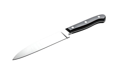 Sleek chef's knife with a polished stainless steel blade and a black, ergonomically designed handle, angled on a black background