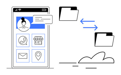 Wall Mural - Smartphone screen with app icons, user profile, and dialog box. Folders exchanging files with cloud. Ideal for mobile apps, cloud storage, file sharing, communication, technology connection simple