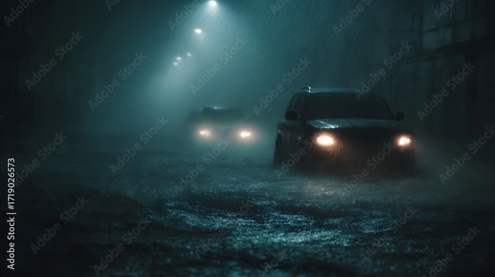 Cars struggle through a flooded urban street during a heavy night ...