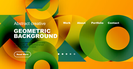 Wall Mural - Dynamic geometric shapes, vibrant colors, modern design. Website header with navigation elements, text overlay, call to action button.