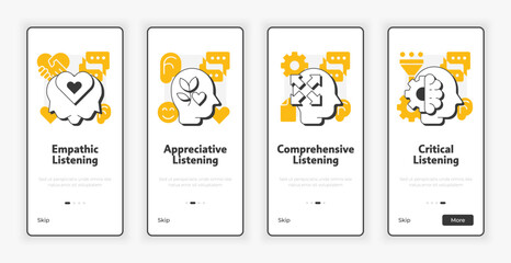 Wall Mural - Types of listening mobile onboarding screen. Emotional intelligence, empathy. UX UI illustration. Flat outline style icons with orange accent. Informa Pro Bold, Montserrat Light fonts used