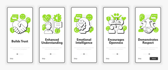 Wall Mural - Active listening benefits mobile onboarding screen. Mental wellness, communication skills. UX UI illustration. Flat outline style icons with green accent. Informa Pro Bold, Montserrat Light fonts used