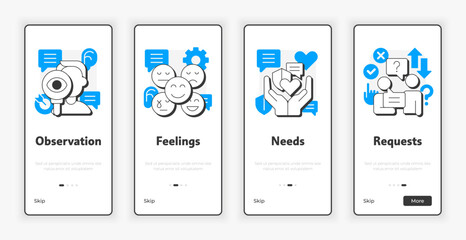 Wall Mural - Nonviolent communication mobile onboarding screen. Social networking. Critical thinking. UX UI illustration. Flat outline style icons with blue accent. Informa Pro Bold, Montserrat Light fonts used