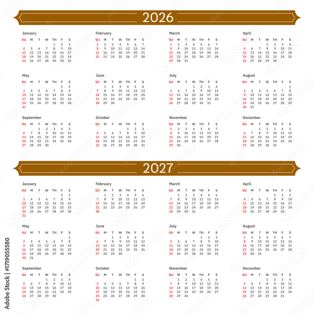 Monthly calendar template for 2026 and 2027 year. Desk calendar 2026