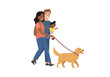 © FRIDA STORE - Family walking a golden retriever dog Woman carrying child Man walks next to her