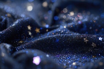 Dark blue fabric with glittering stars and bokeh