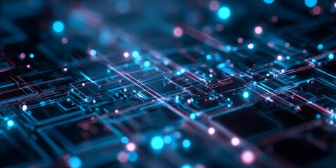 Wall Mural - Abstract Digital Background with Neon Lights and Geometric Patterns for Technology and Science Concepts