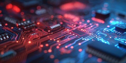 Wall Mural - Abstract close-up of a circuit board with glowing red and blue lights showcasing technology and digital innovation in electronic devices