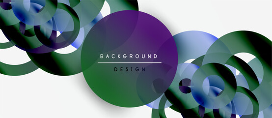 Wall Mural - abstract circles overlap, creating dynamic visual effect. colors blendpurple, green, blueover white 
