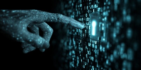 Wall Mural - Futuristic Hand Reaching for a Digital Lock on a Data Network Background with Glowing Binary Code and Security Concept