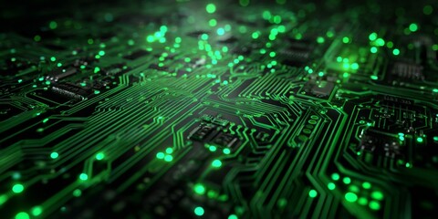 Wall Mural - Abstract Close-Up of a Circuit Board with Green Lines and Glowing Elements in Dark Background