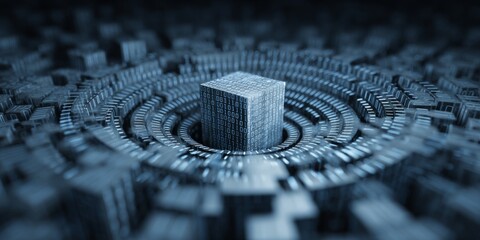 Wall Mural - Abstract Digital Background with 3D Cube Structure and Binary Code Circle in Blue Color Palette for Technology Themes