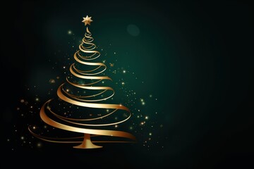Wall Mural - Christmas tree gold doodle lines spiral light night green.
