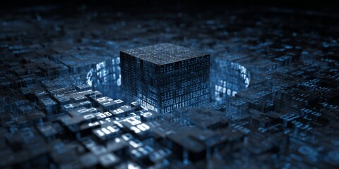 Wall Mural - Abstract Digital Background with 3D Cube Structure and Binary Code Circle in Blue Color Palette for Technology Themes