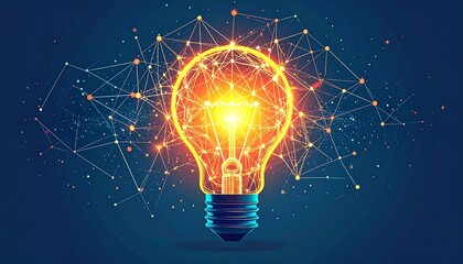 A Mind Map of an Idea. A conceptual illustration showing a central, glowing lightbulb. Branching out from it are interconnected lines and nodes, forming a complex mind map or neural network.
