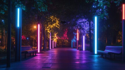 Wall Mural - a vibrant night scene filled with colorful neon lights illuminating a serene pathway. the glowing co