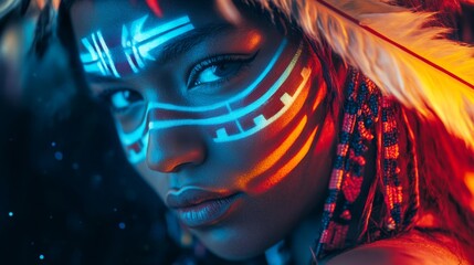Wall Mural - A mesmerizing portrait of a person with vibrant face paint and traditional accessories. The intricate designs tell a rich story. Colorful and dynamic. Generative AI