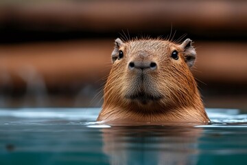 Wall Mural - capybara swimming in water watching directly