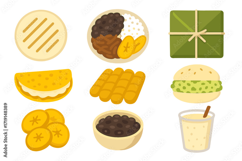 Venezuelan Cuisine Icons. Flat icon set of Venezuelan cuisine: arepa ...