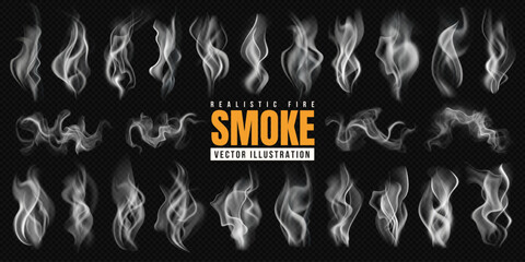 Wall Mural - Creative overlay pack of realistic smog, transparent cloud, fire steam, fog, winter mist, chimney and cigarette fume, nature air wave, explosion pattern, food smoke silhouette and weather background.
