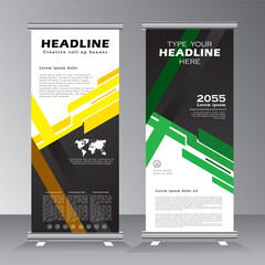 Wall Mural - Roll up banner stand template design, yellow and green colour banner layout, advertisement, pull up, polygon background, vector illustration, display, x-banner, flag-banner, presentation template 