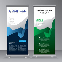 Wall Mural - Roll up banner template design for  business, modern x-banner with green and blue, Bussiness standees banner advertising. roll up vector banner template illustration