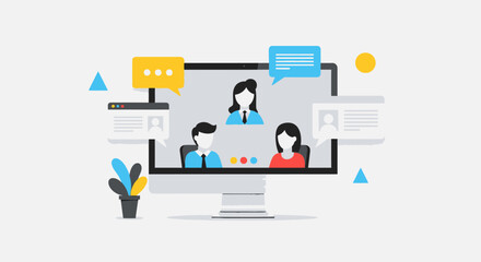 Vector illustration of a team video conference call for remote work and online communication. Vector Illustrations. EPS Editable