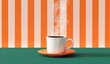 © Baharuddin - Steam rising from a white coffee cup on an orange saucer against a striped orange and white background