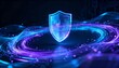 © igor.nazlo - futuristic data streams circling a floating shield icon, data encryption concept, holographic style, abstract art