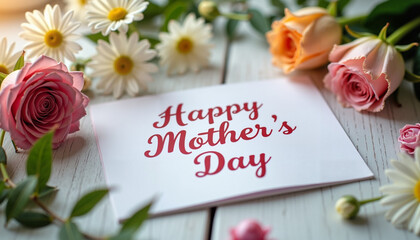  Happy Mother's Day card surrounded by pink and white flowers  