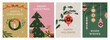 © Good Studio - Merry Christmas cards set. Festive Xmas posters, winter holiday greeting postcard designs. Vertical templates with typography, wreath, fir tree, gifts and baubles. Flat vector illustration set