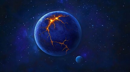 Wall Mural - a distant blue planet shimmers with cracks amidst a sea of speckled stars and cosmic wonders