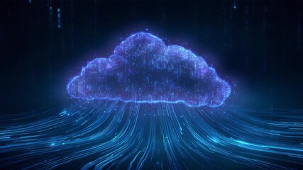 Digital cloud icon made of glowing particles processing and transferring streams of binary information representing big data storage, web hosting, and online computing services on a network