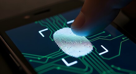 Close-up of a finger scanning a fingerprint on a smartphone screen with a circuit design background