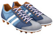 © Supranee - A pair of stylish soccer shoes featuring a mix of blue and gray tones with prominent white stripes and a classic lace-up design.