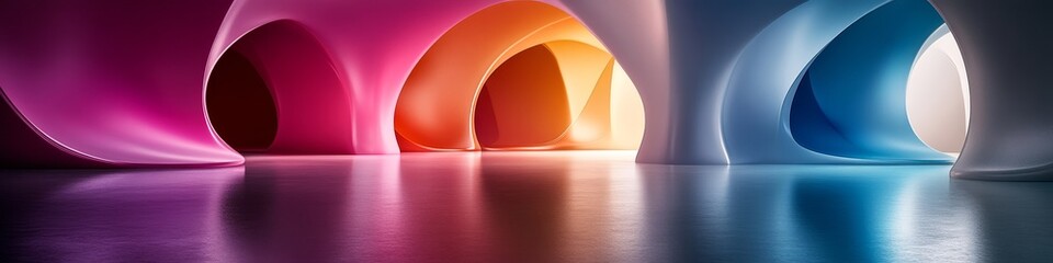 Wall Mural - Stunning Light Tunnels with Flowing Shapes and Reflective Colorful Surfaces in Digital Art Style