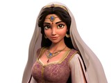 A 3D animated portrait of a beautiful princess with dark hair, wearing a purple dress, a white veil, and ornate golden jewelry.