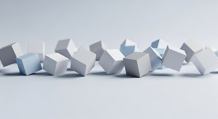 Abstract arrangement of interconnected geometric cubes in a flowing line with a soft gradient background creating a sense of movement and connection