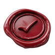 © Sawyer0 - Classic burgundy wax stamp featuring checkmark motif, natural pooled form and reflective glossy finish, transparent background.