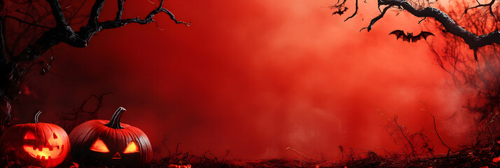 Wall Mural - Jack-o'-Lanterns and Bats in Foggy Haunted Forest, Halloween Concept