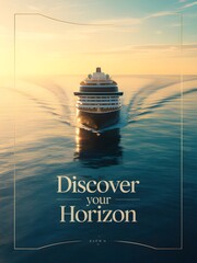 cruise ship sailing towards the viewer on a calm sea at sunset