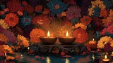 Flat design vector background for Diwali with oil lamps and traditional celebration details