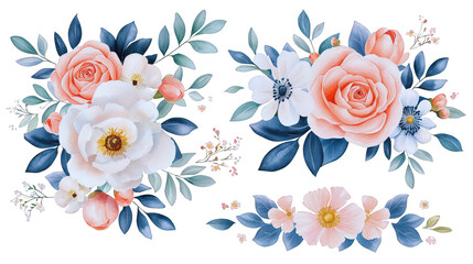 Romantic Watercolor Hand Drawn Floral Set Border Wreath