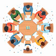 © Supanun - Round Table Discussion: Overhead view of a diverse group engaged in a business discussion around a circular table, symbols representing communication, teamwork, and idea exchange.